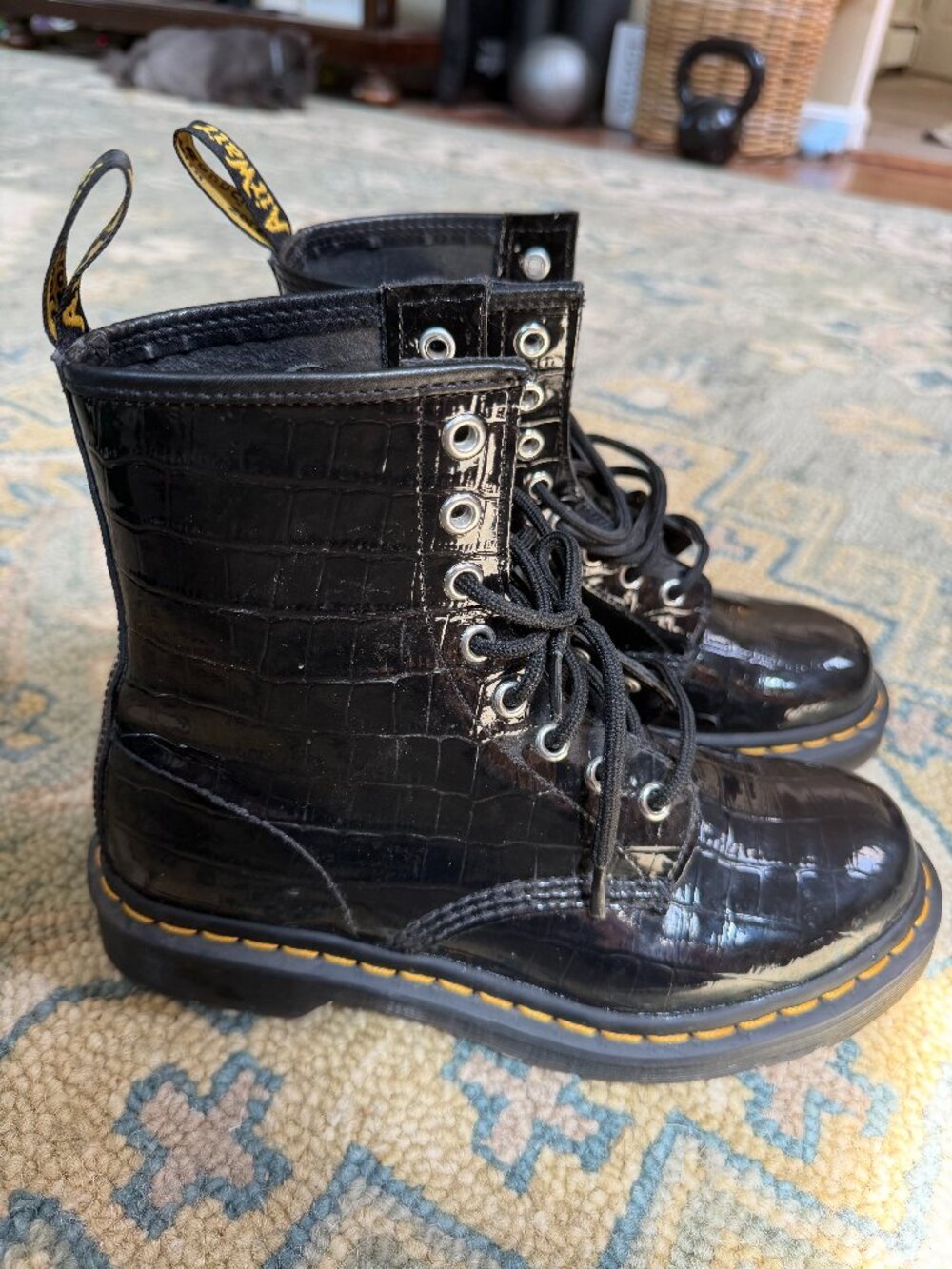 DR. MARTENS Patent Leather Croco Combat Boots - Black Size 7